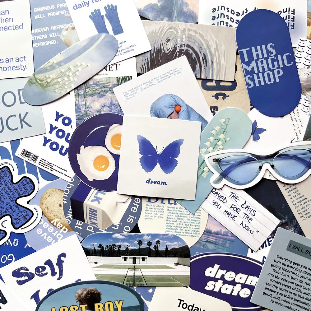 10PCS Vintage Blue Stickers for DIY Notebook Guitar Scrapbooking Laptop Luggage