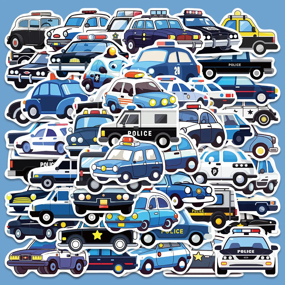 50Pcs Cartoon Police Car Stickers for Helmet, Wall, DIY Decoration