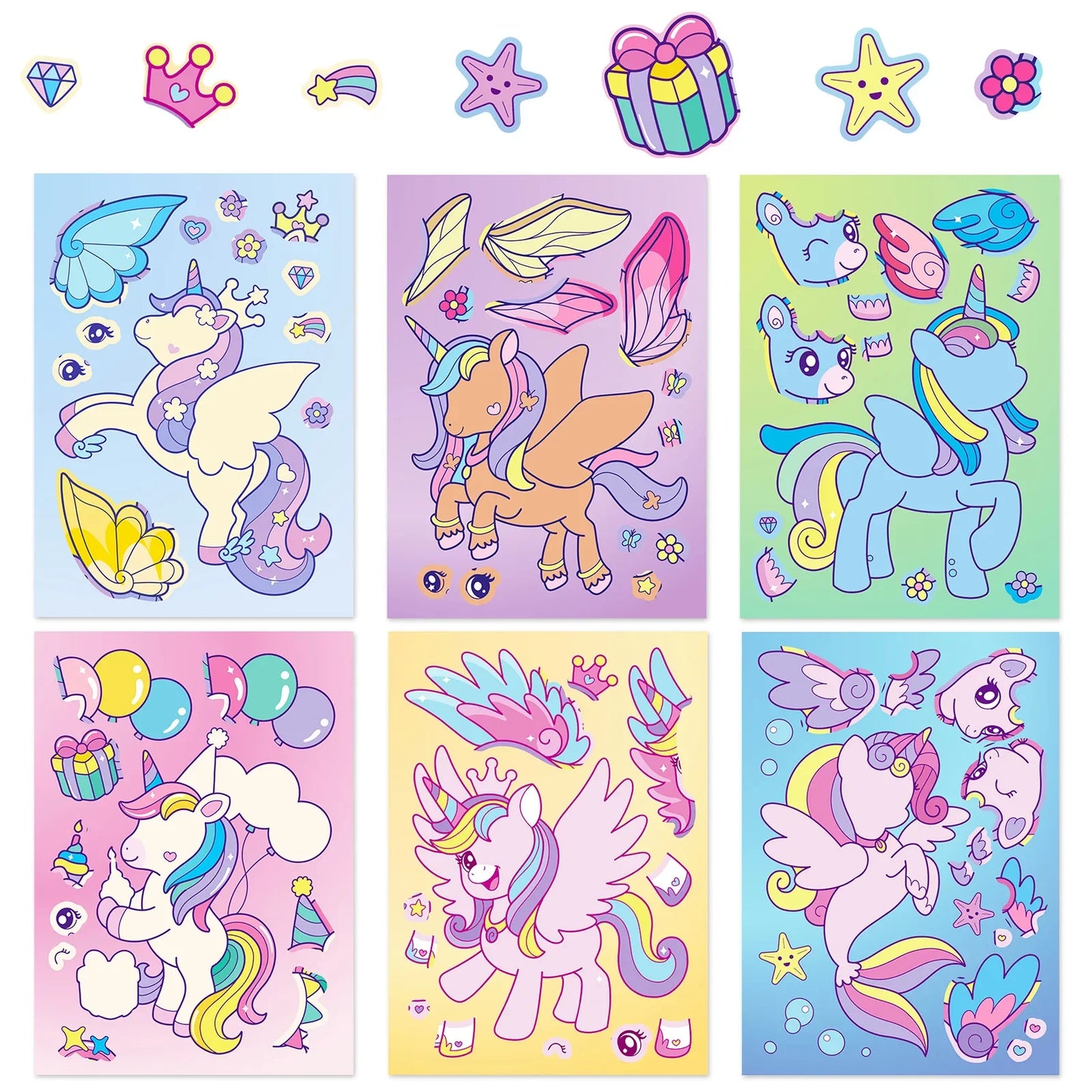 6Sheets Rainbow Horse Children DIY Puzzle Sticker Games Unicorn Make A Face Funny Assemble Jigsaw Stickers Kids Educational Toys
