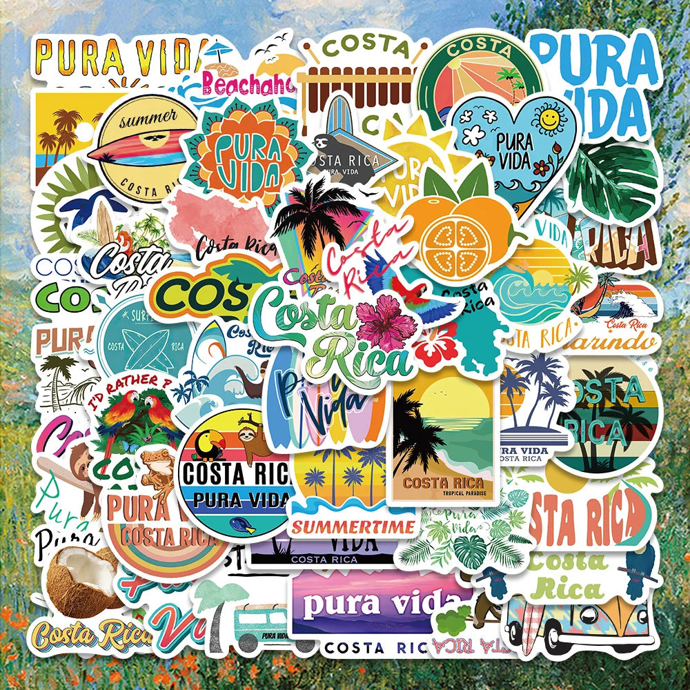 50PCS Costa Rica Travel Stickers Pura Vida Decals for Laptop, Skateboard, Guitar