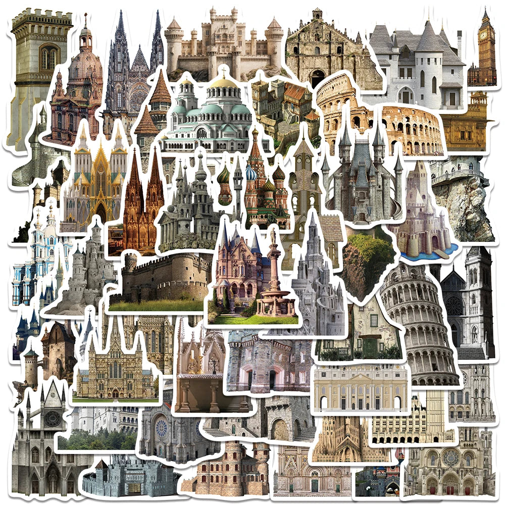 50pcs Medieval Castle Stickers for DIY Journal, Skateboard, Luggage Decoration
