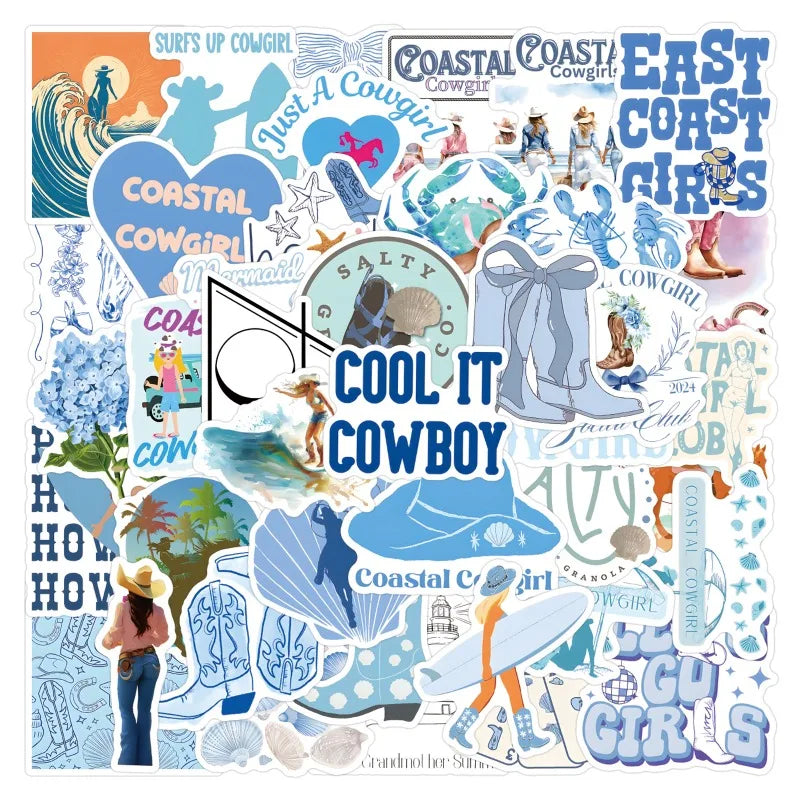 55pcs Coastal Cowgirl Stickers for Laptop, Phone, Water Bottle, Suitcase, Stationery, Refrigerator Decor