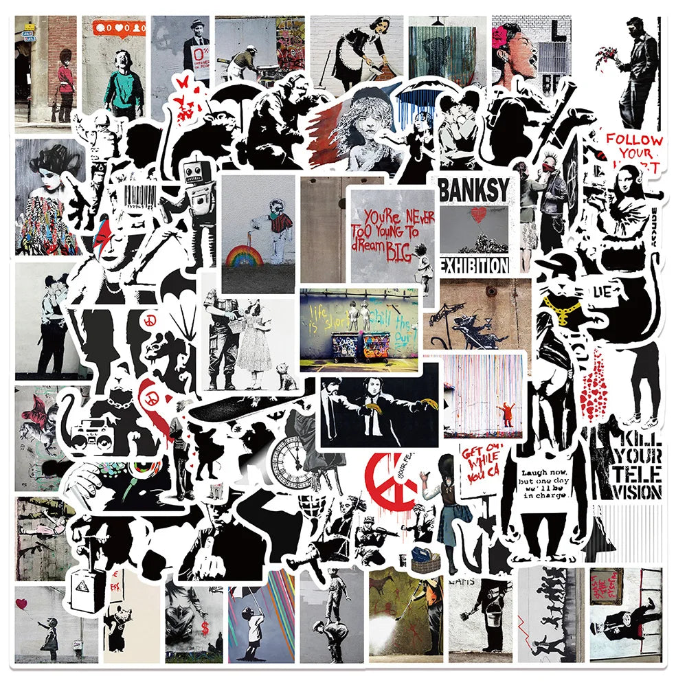 Banksy Graffiti Stickers Decal Pack for Luggage, Laptop, Skateboard, Motorcycle, Phone, Car, Bike, Kid Toy