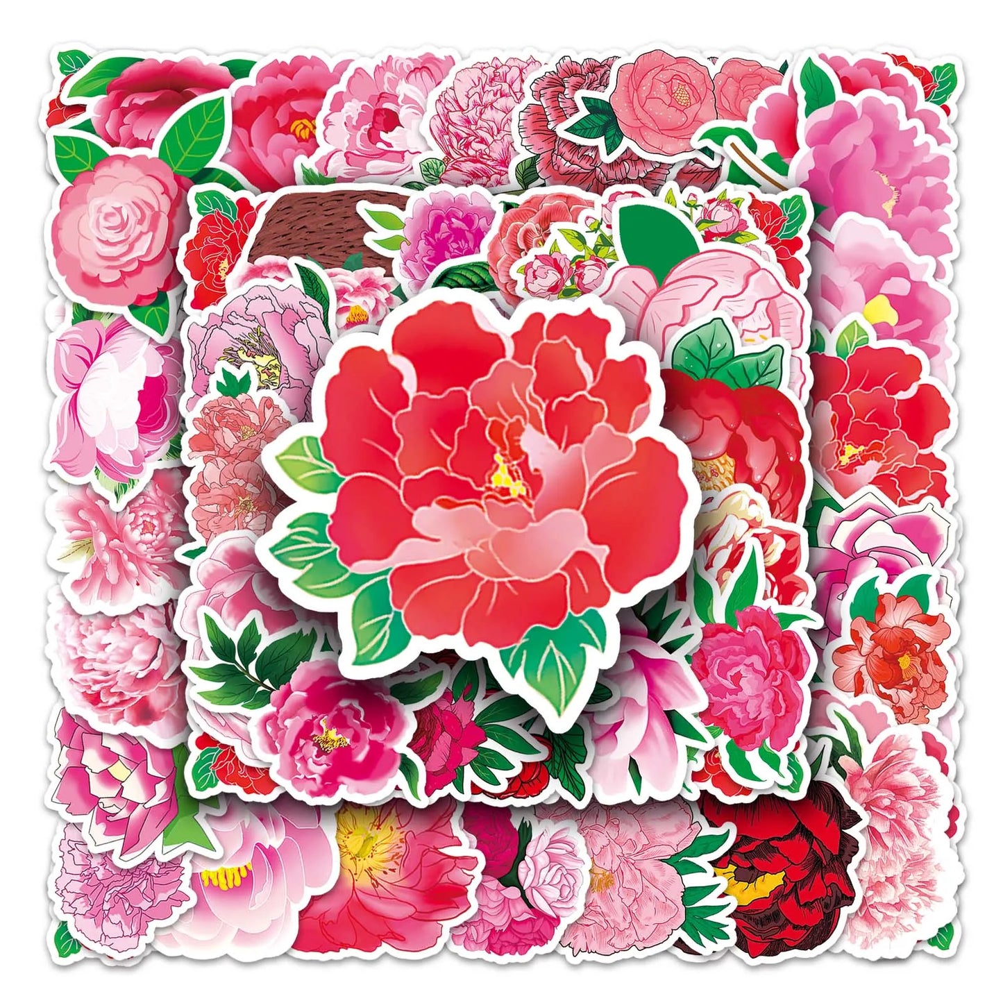50Pcs Peony Cartoon Waterproof Vinyl Stickers for Skateboard Snowboard
