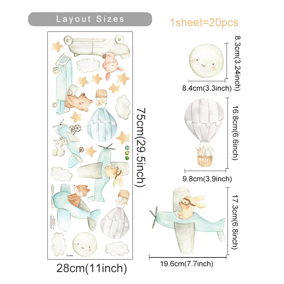 Cute Animal Airplane Star Wall Stickers Removable Decals for Bedroom Nursery Decor