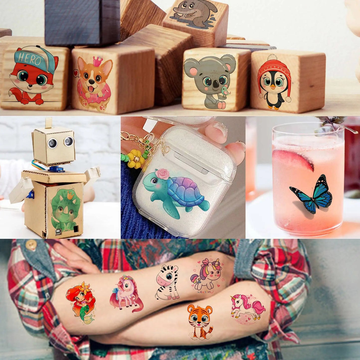 50 PCS Animals Temporary Tattoos For Women Girls Fake Butterfly Mermaid Unicorn Tattoo Sticker 3D Cartoon Body Art Tatoos Decor