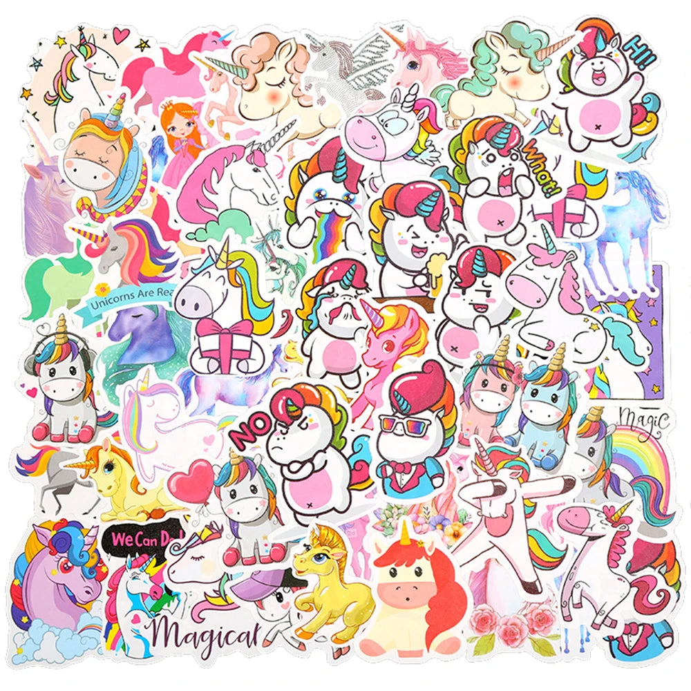 Kawaii Unicorn Stickers Pack - Cartoon Decals for Laptop, Phone, Luggage, Guitar, Bike, Scrapbook