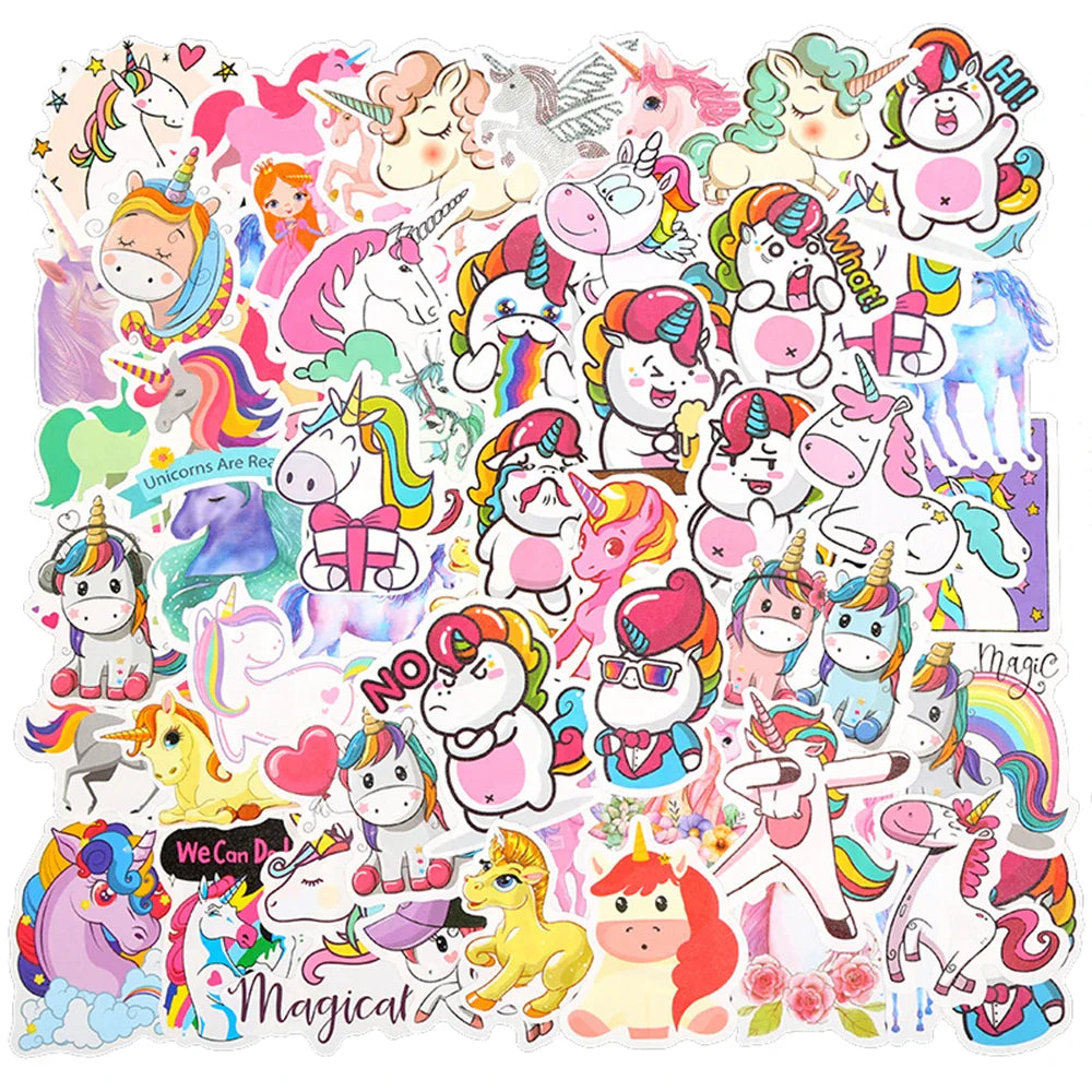 Kawaii Unicorn Stickers Pack - Cartoon Decals for Laptop, Phone, Luggage, Guitar, Bike, Scrapbook