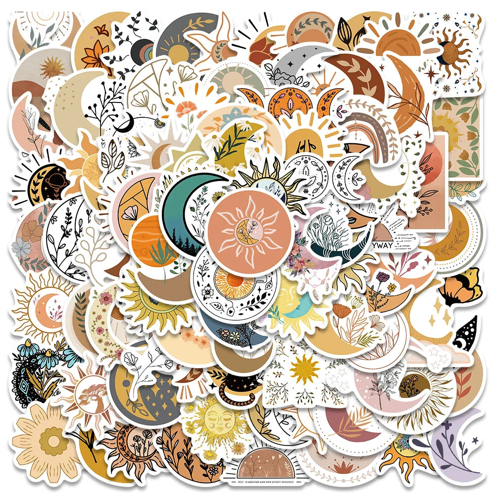 50PCS Boho Moon Sun Flower Stickers Waterproof Decals for Laptop Scrapbooking