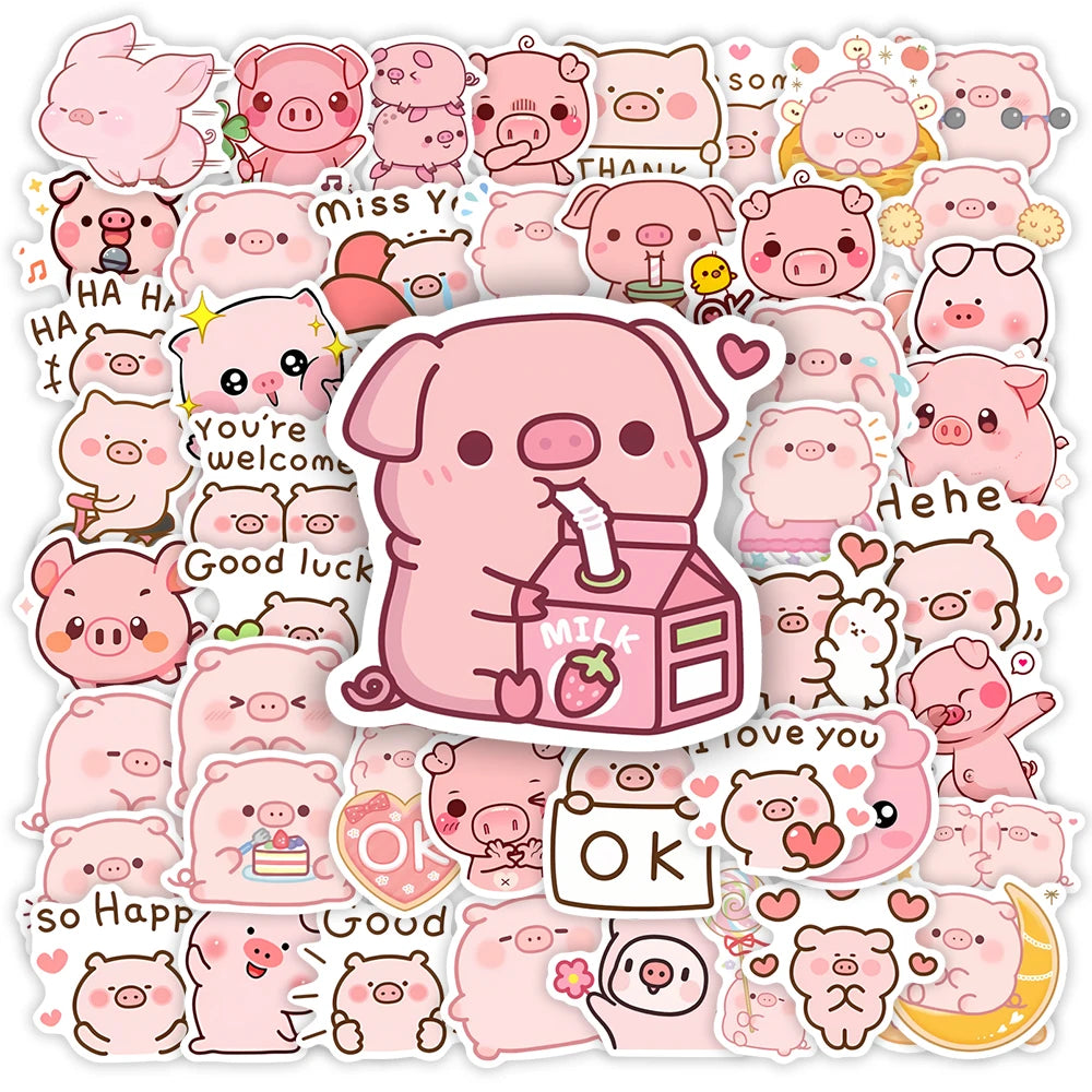 Cute Cartoon Pink Pig Stickers Funny Kawaii DIY Gift Kids Toy Decal for Laptop Phone Scrapbook Luggage Decorative Waterproof