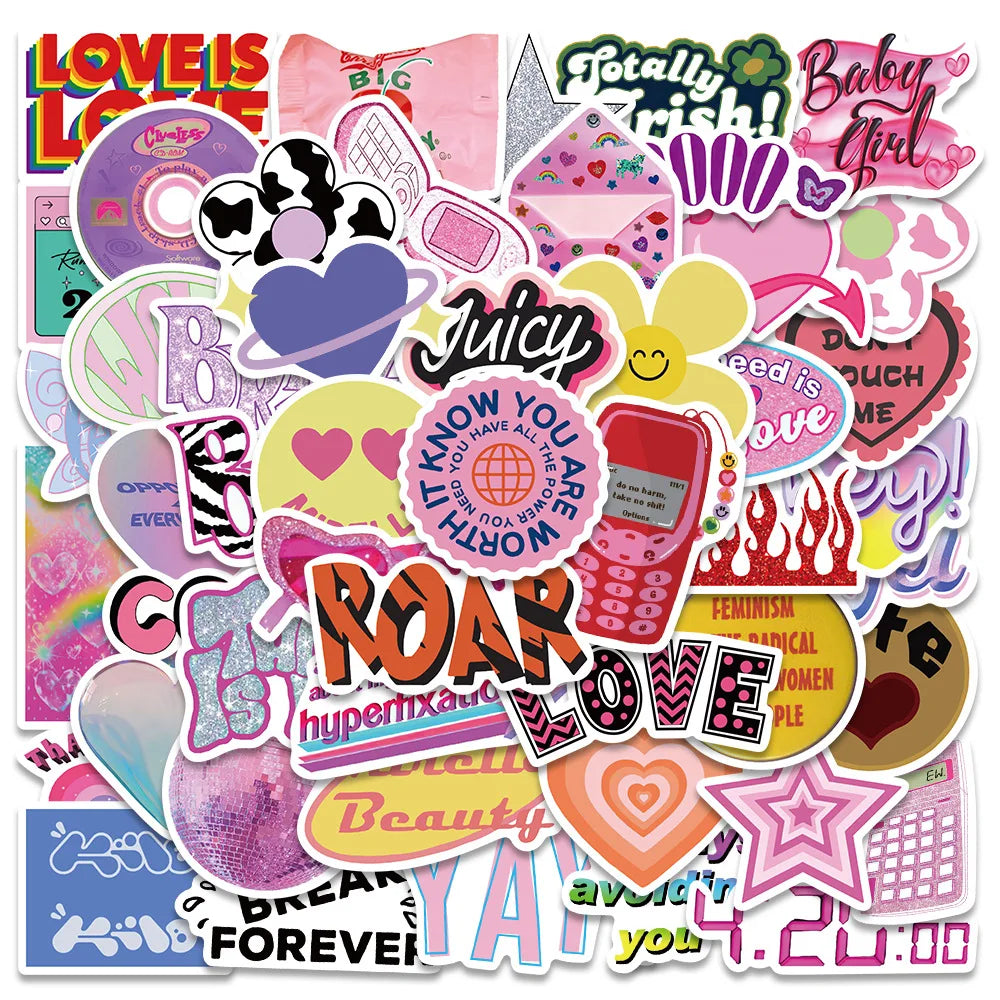 Cool Pink Cartoon Stickers Aesthetic VSCO Girl Decals for Laptop Phone Skateboard Guitar PVC 10/30/50pcs