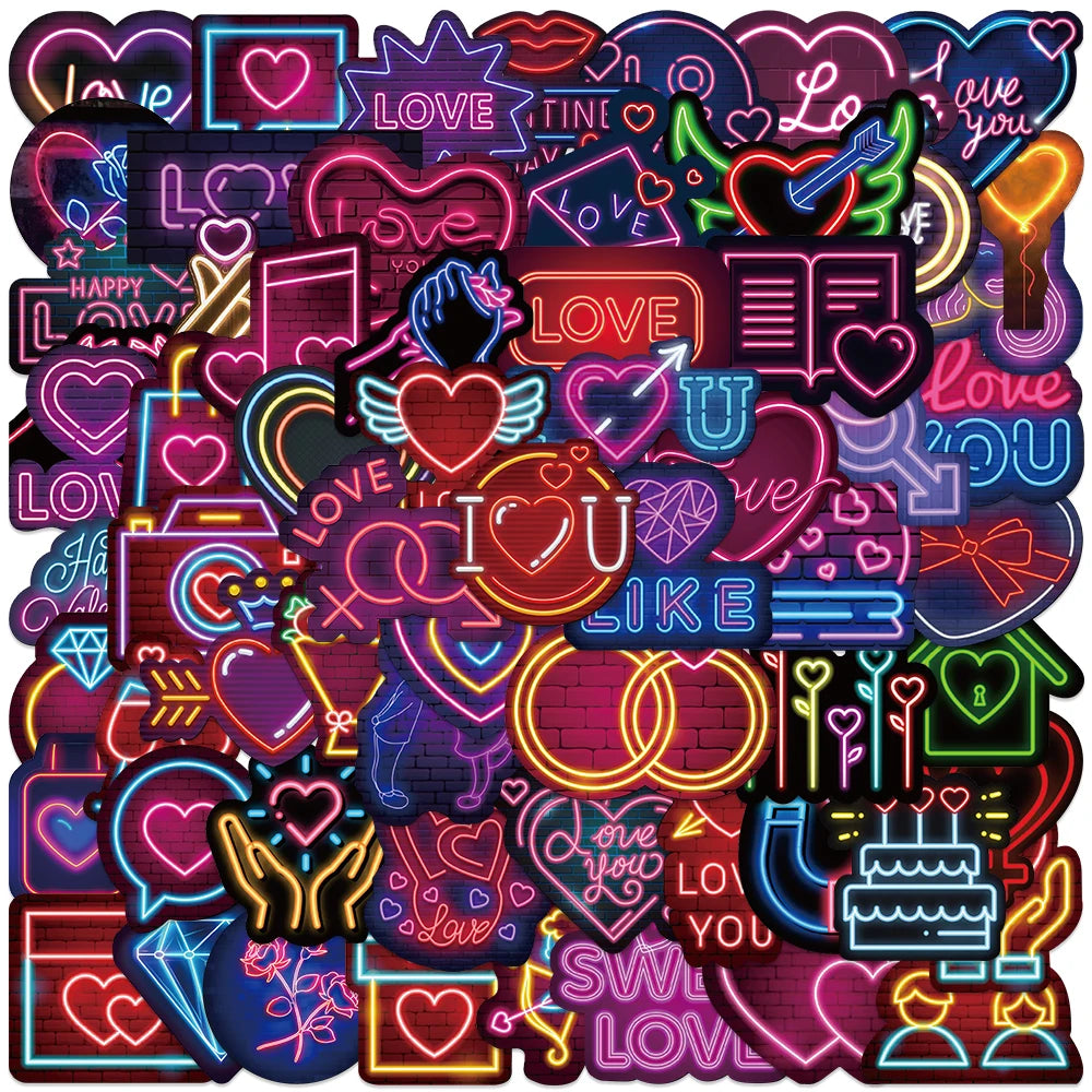64PCS Neon Valentine's Stickers Waterproof Decals for Phone, Laptop, Skateboard, Car