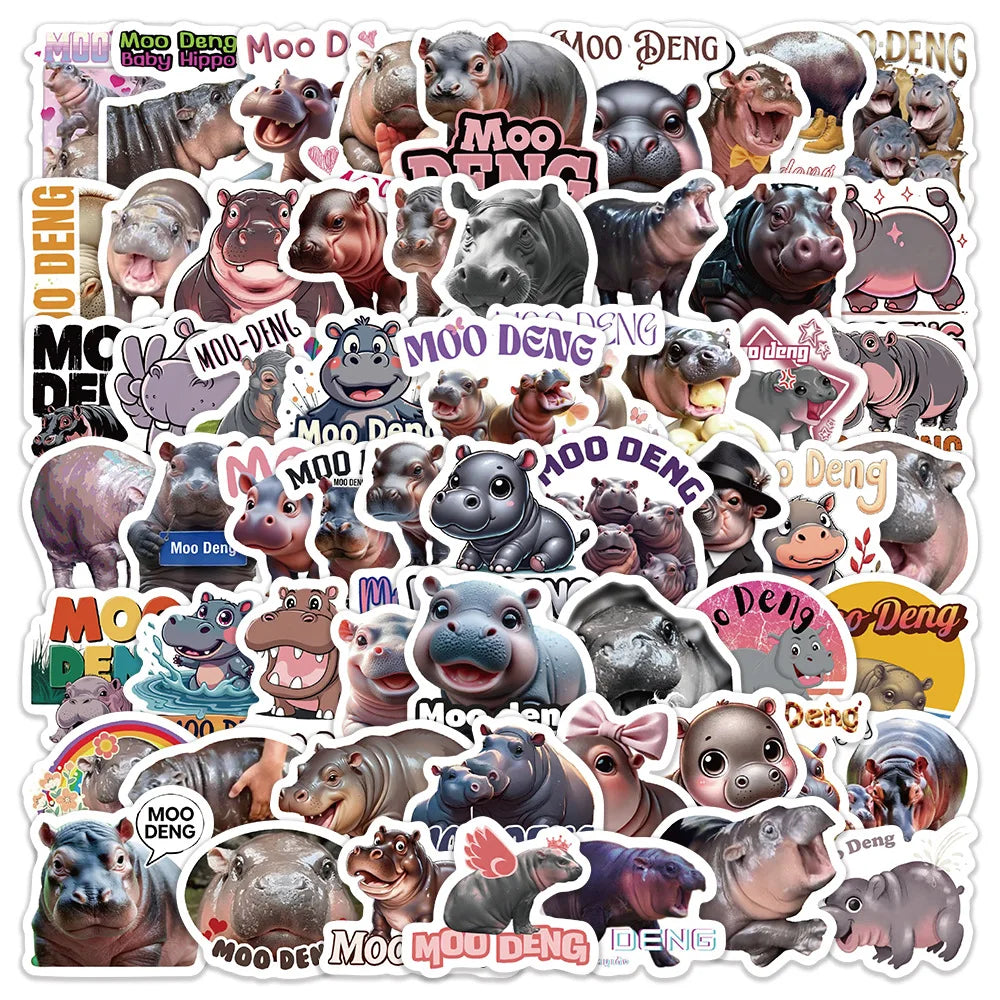 Moo Deng Hippo Cartoon Stickers for Phone Laptop Luggage Skateboard - 10/30/60PCS