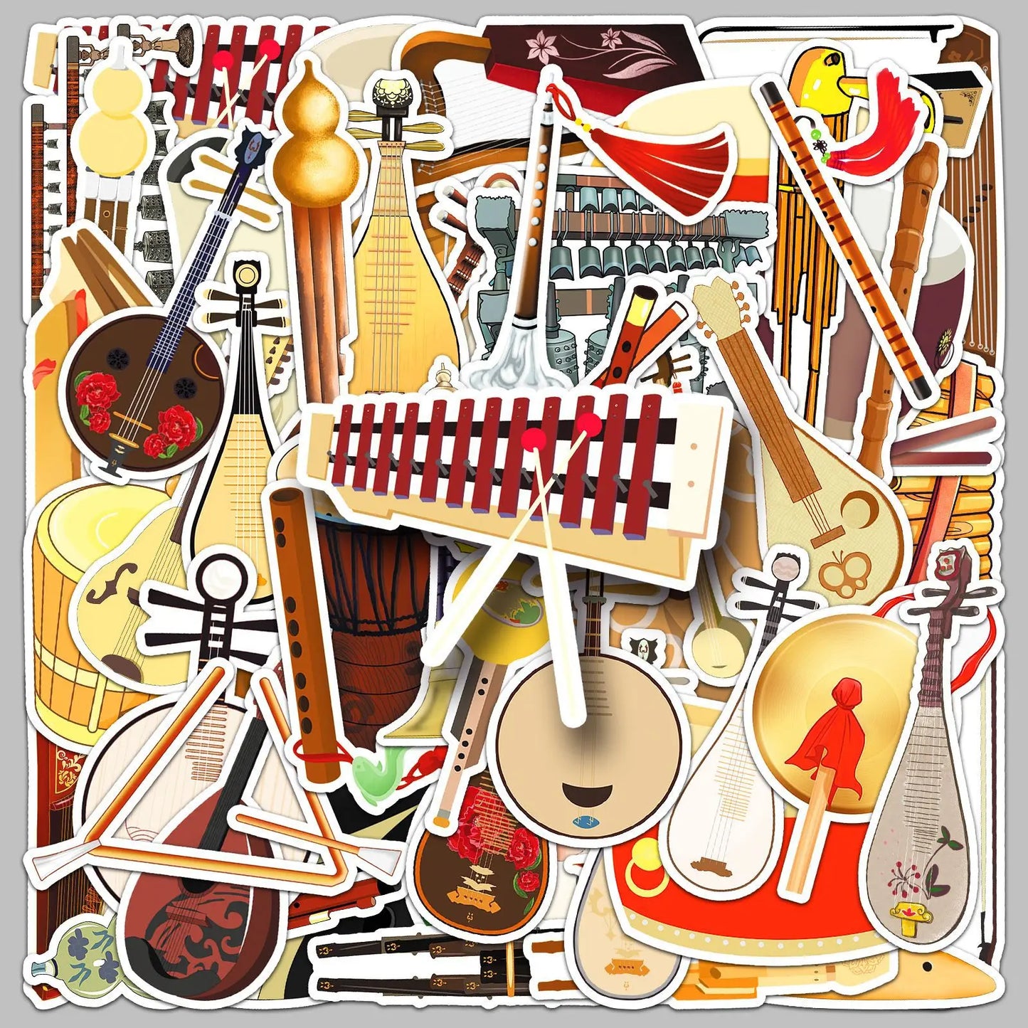 50pcs Chinese Musical Instrument Graffiti Stickers for Helmet, Wall, DIY Decoration