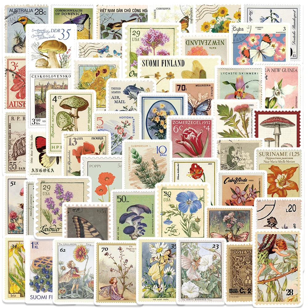 50pcs Vintage Aesthetic Stamp Style Plants Flowers Stickers For Luggage Laptop Guitar Stationery Waterproof Vinyl Decals