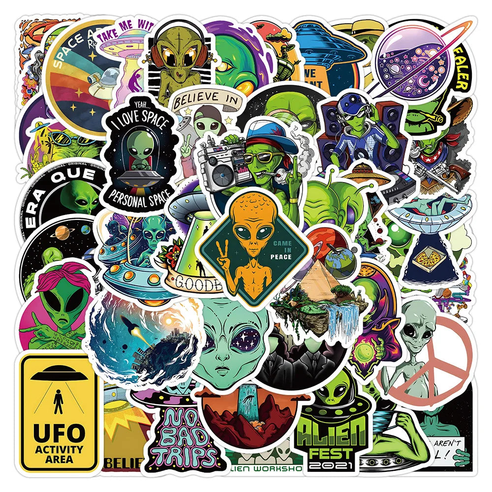 UFO Alien Graffiti Stickers: 10/30/50pcs Waterproof for Luggage, Phone, Laptop, Helmet, Kids Toys