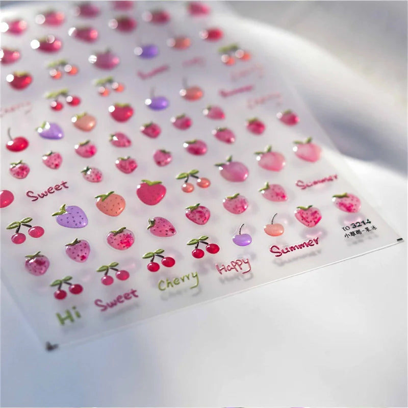 5D Pink Strawberry Cherry Nail Art Stickers Kawaii Fruit Decals DIY