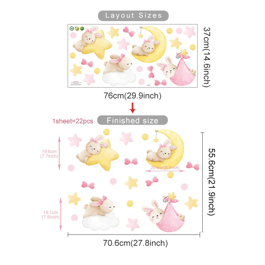 Cute Rabbit Stars Clouds Wall Stickers Removable Kids Room Nursery Decor Decals
