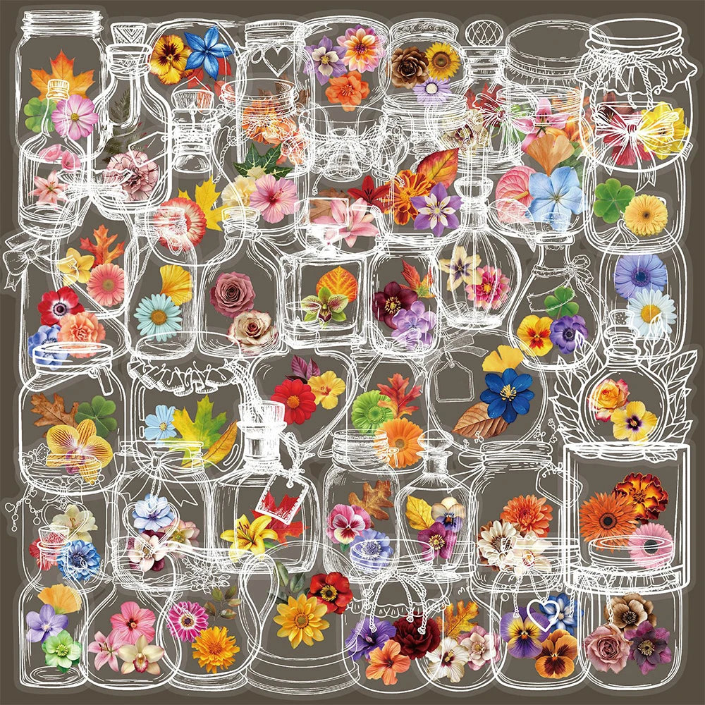 Vintage Clear Bottle Plant Flower Stickers Set - Planner, Scrapbooking, Aesthetic Labels