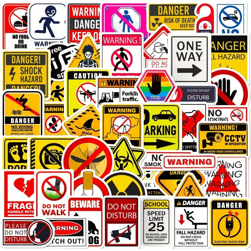 50pcs Kids Warning Sign Stickers for Suitcase, Water Bottle, Phone, Notebook, Stationery