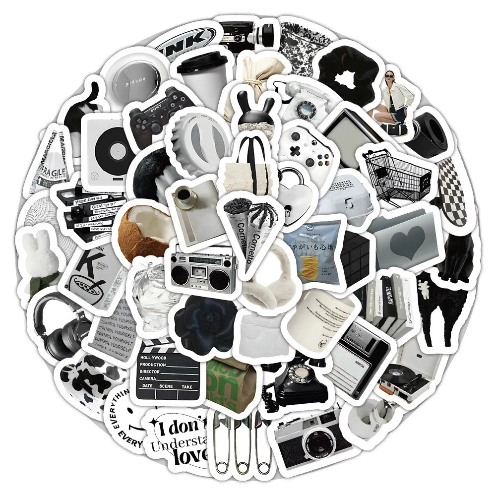 Cartoon Stickers Black White Decals for Skateboard Notebook Phone Fridge