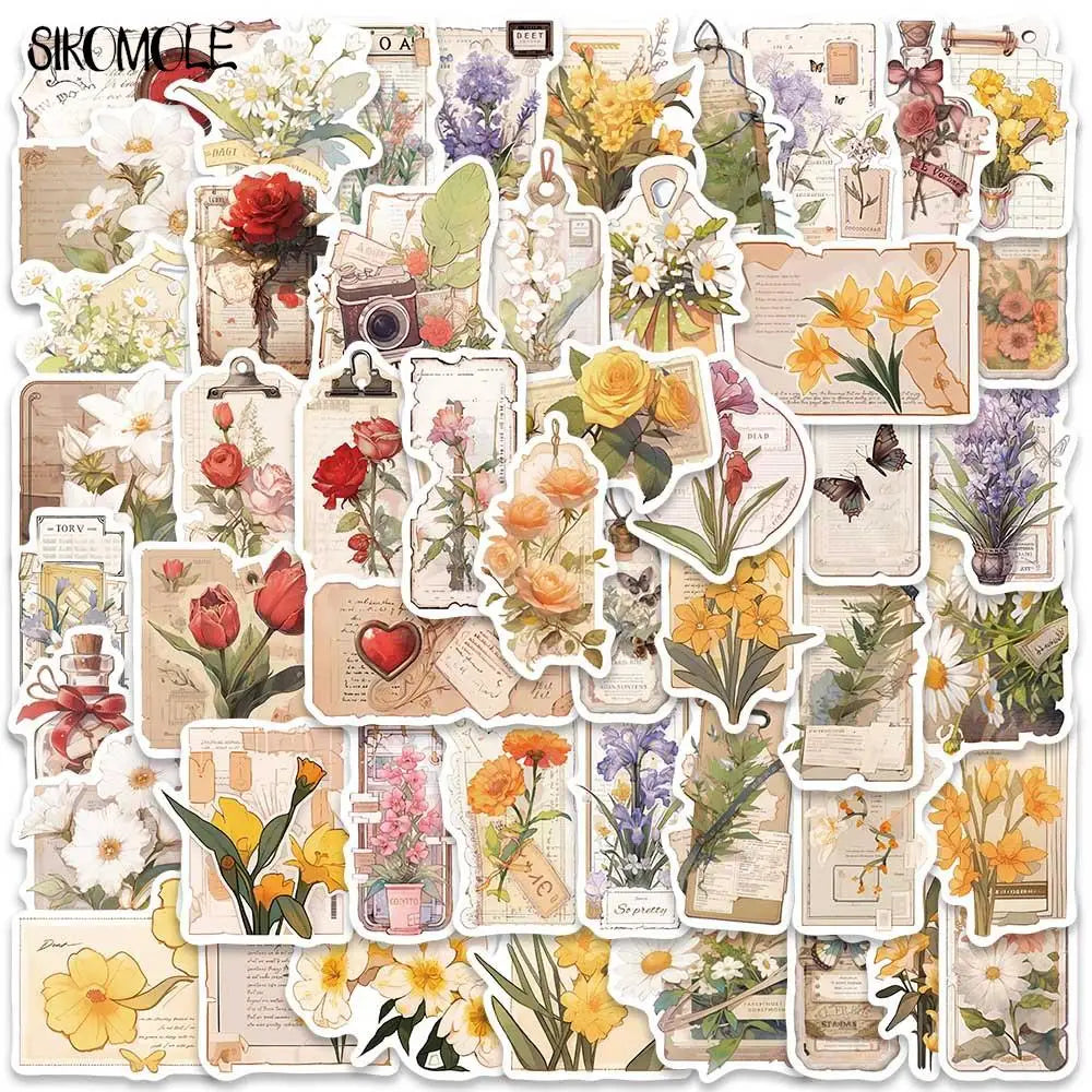 Vintage Flower Postcard Stickers - 10/30/50PCS Kawaii DIY Decals for Luggage, Guitar, Fridge, Laptop