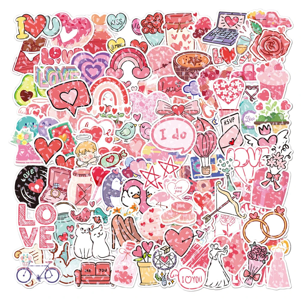 10/30/50/100PCS Valentine's Day Romantic Cartoon Stickers Holographic Laser Decals Graffiti Toy DIY Notebook Phone Gift For Love