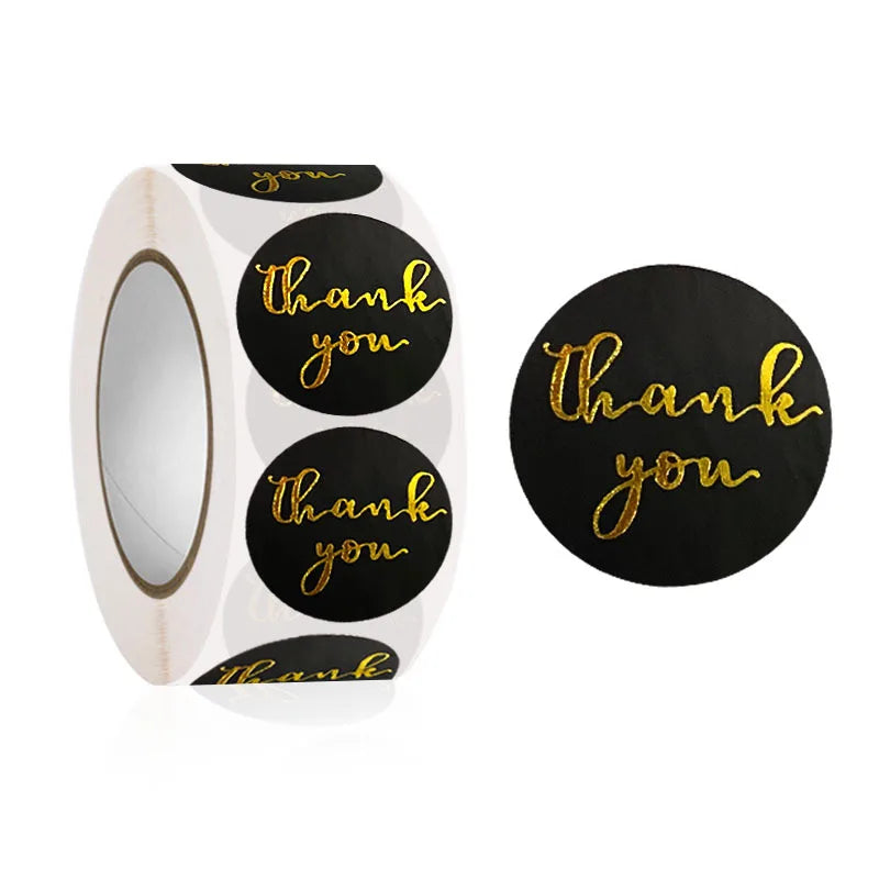 1" Black Gold Foil Thank You Stickers Roll for Wedding, Envelope, Bake Seal 100-500 Pcs