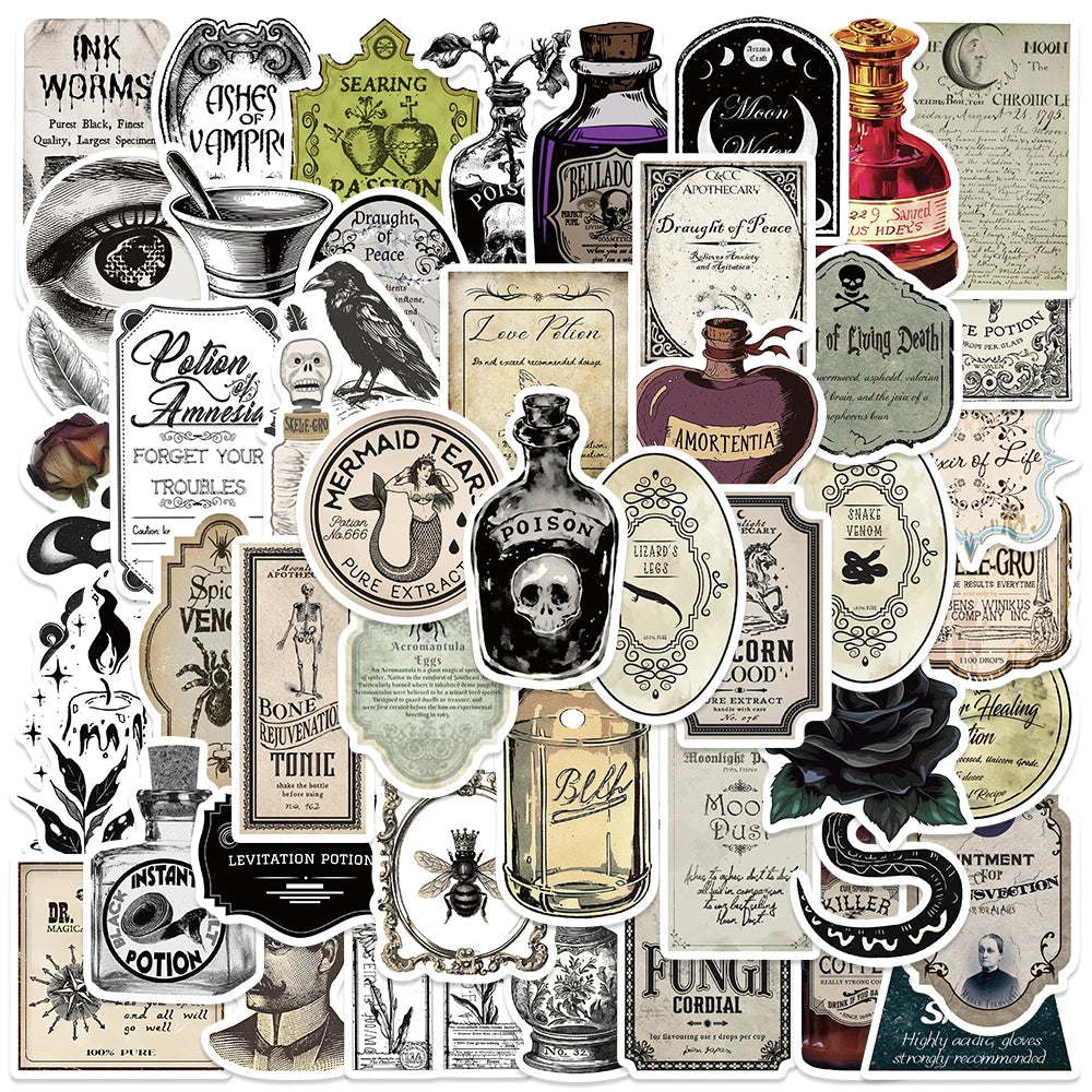 Magic Potion Label Stickers - Retro Wizard Alchemy Decals for Bottles, Luggage, Bike, Car, Laptop, Phone