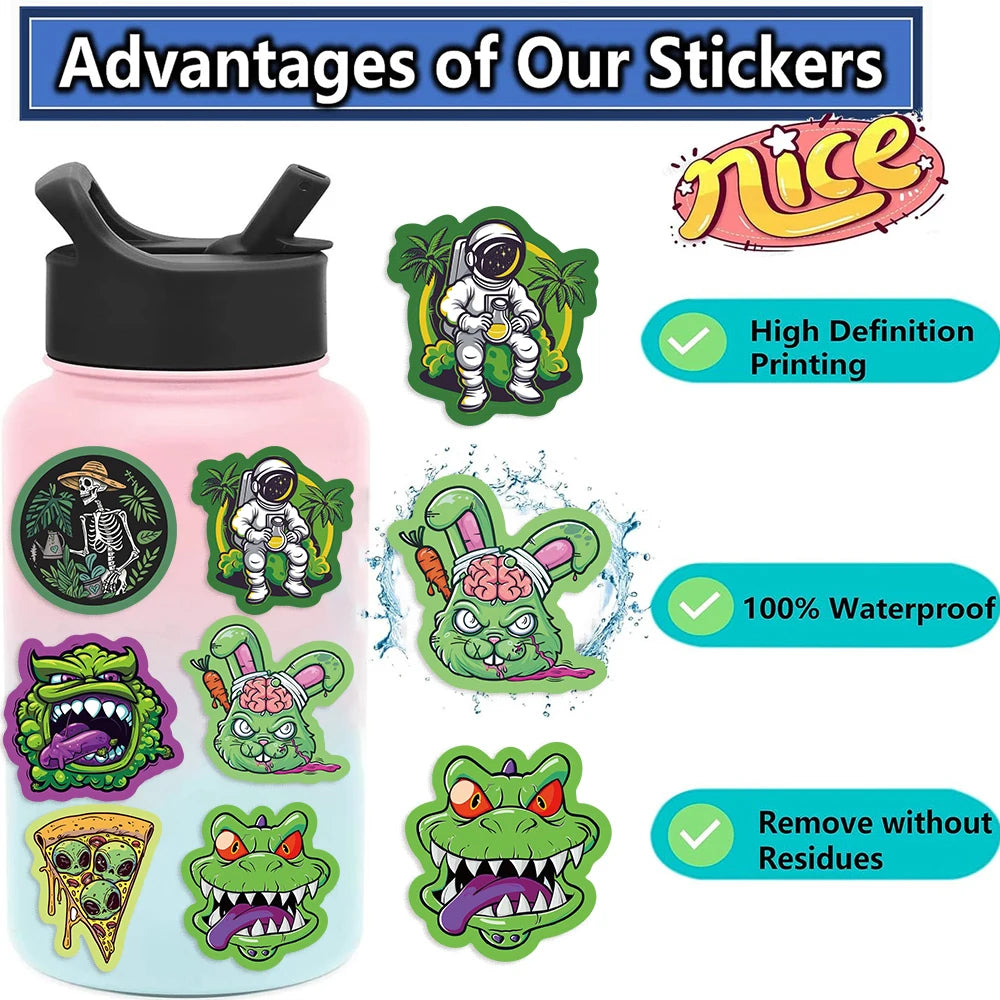 50pcs Green Skull Graffiti Stickers Flower Waterproof DIY For Water Bottle Laptop Phone Skateboard For Adults Teens Sticker