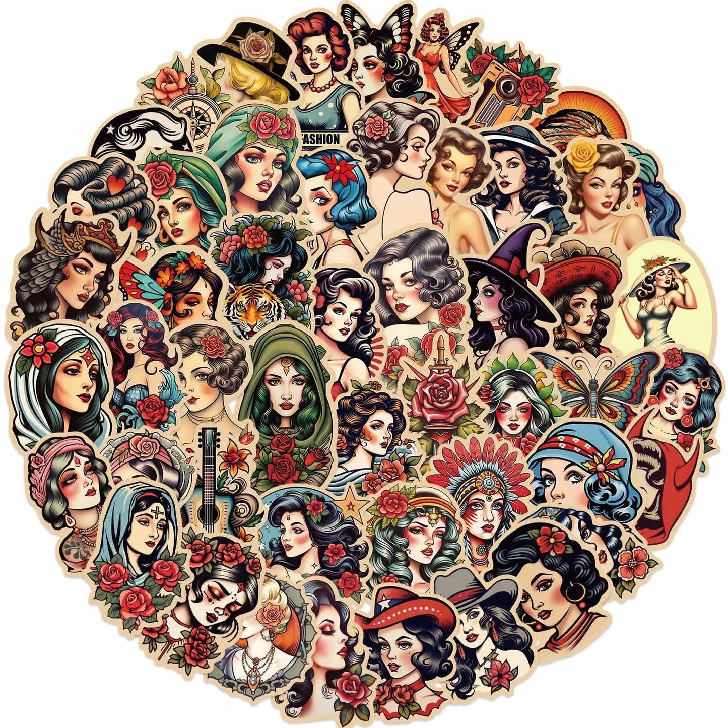 10/50pcs Retro Sexy Pin Up Tattoo Girl Stickers DIY Motorcycle Skateboard Laptop Phone Luggage Decals Car Styling Sticker Toy
