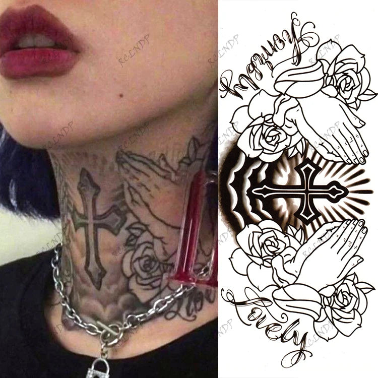 Waterproof Temporary Tattoo Sticker Flowers Pray Hands Cross Letters Flash Tattoo for Women Men
