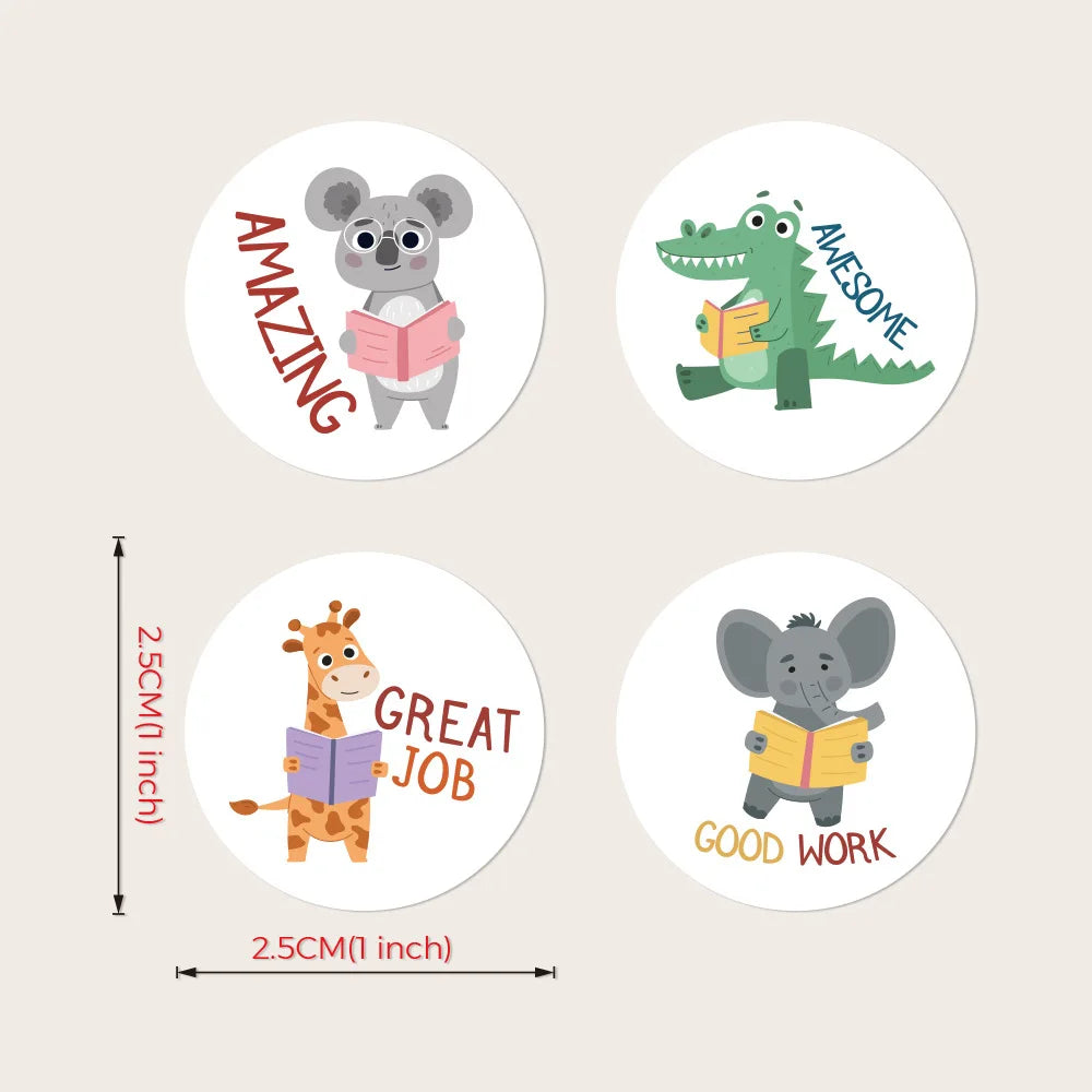 100-500pcs Round 1inch Cartoon Animal stickers for kids Teacher Reward Encourage Sticker Office Stationery
