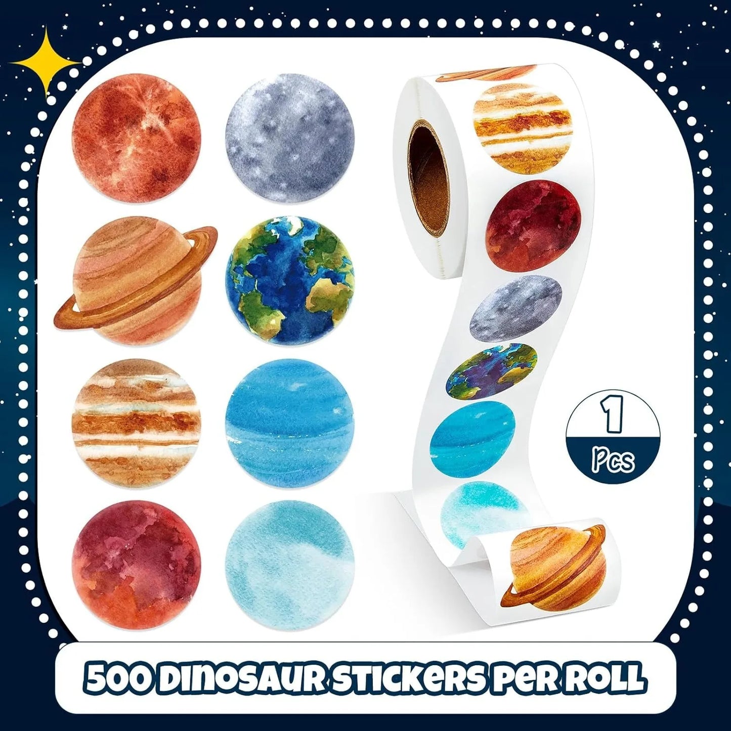 500Pcs /1 Rolls 2.5cm/1inch Cartoon Starry Sky Planet Circle Sticker Decoration Gift Box Sticker Label Stationery Sticker