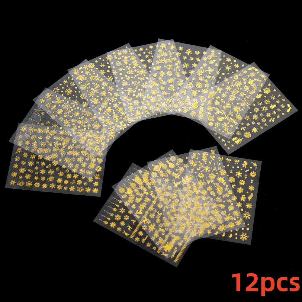 12pcs 3D Christmas Nail Stickers: Elk, Snowflake, Holly