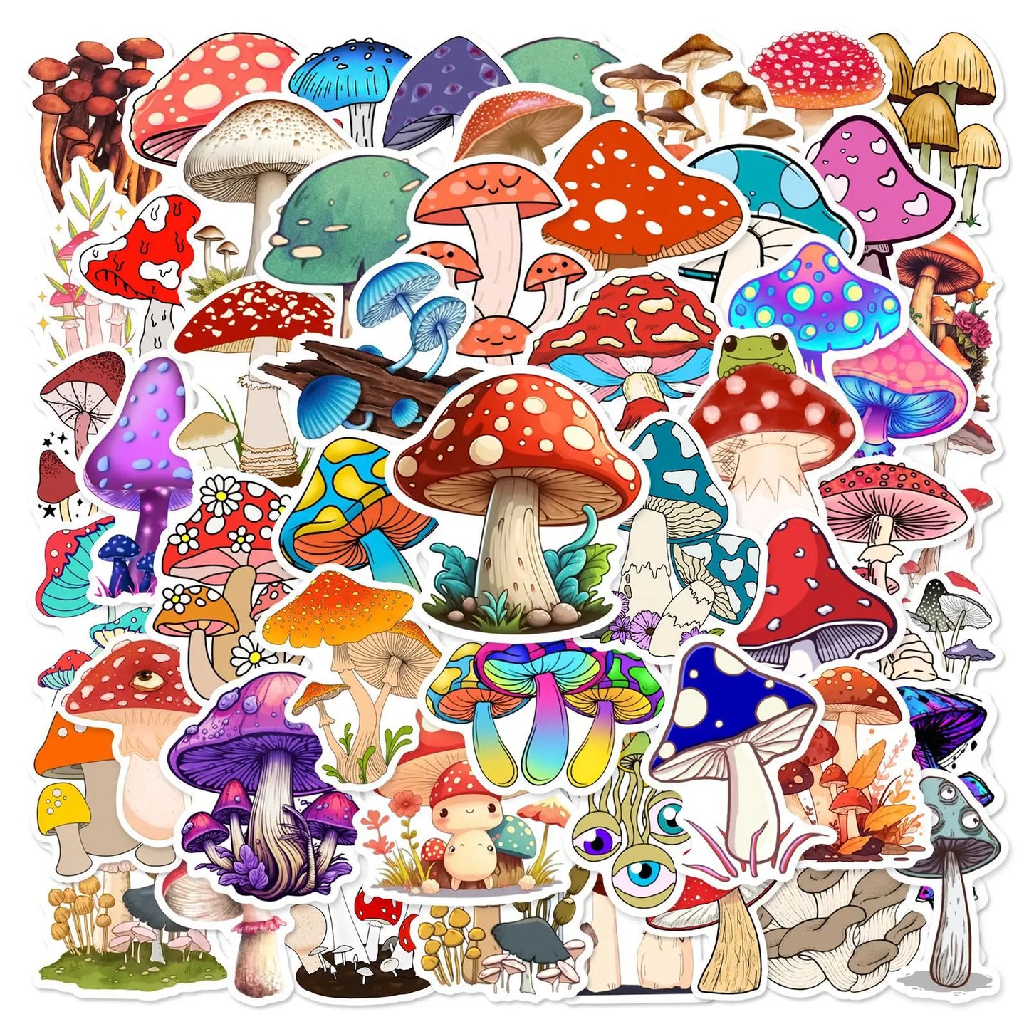 50pcs Psychedelic Mushroom Stickers for Helmets, Walls, DIY Decor