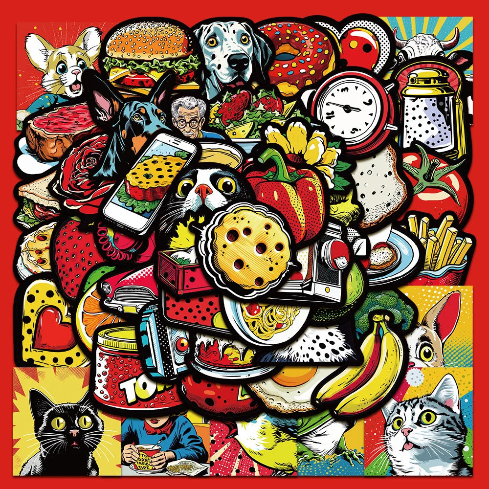 50pcs Retro Food Graffiti Stickers for Helmets, Walls, DIY Decor