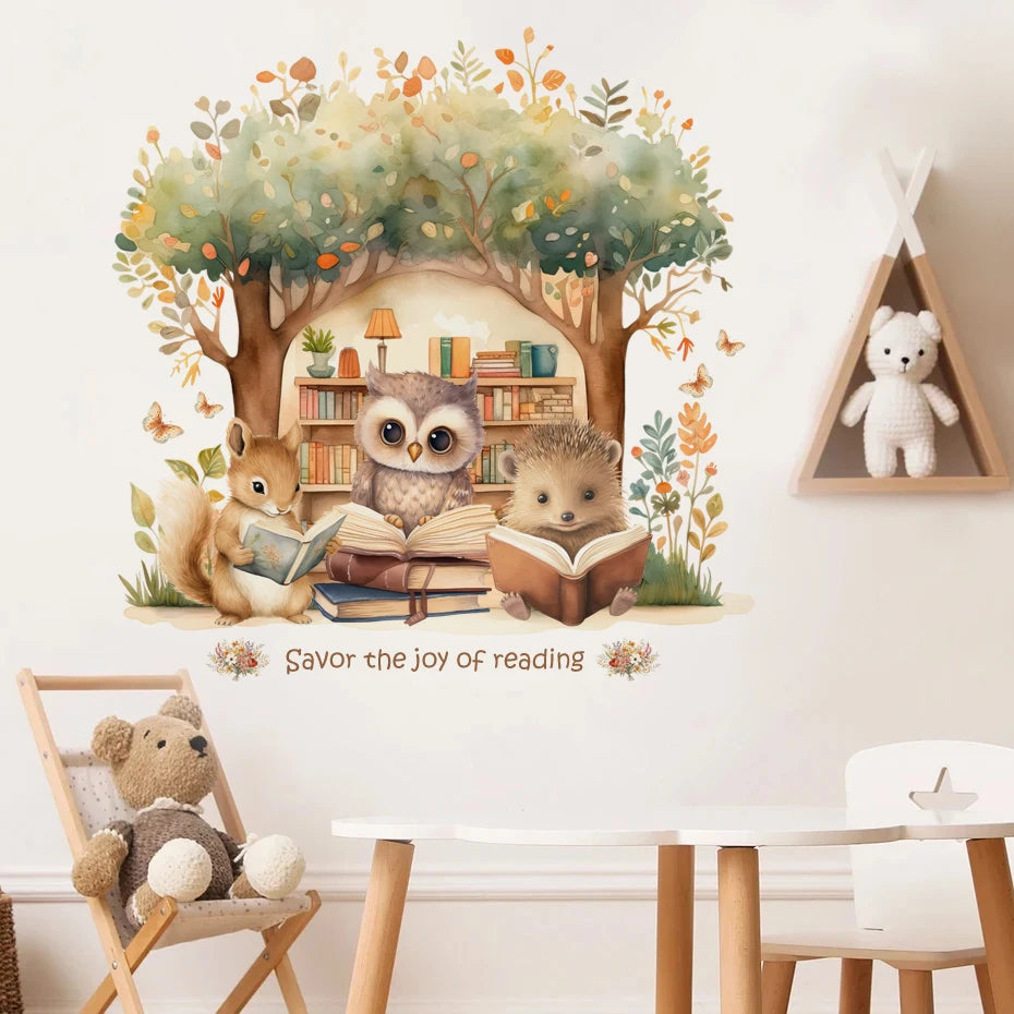 Cartoon Animal Reading Wall Stickers for Kids Room Decor