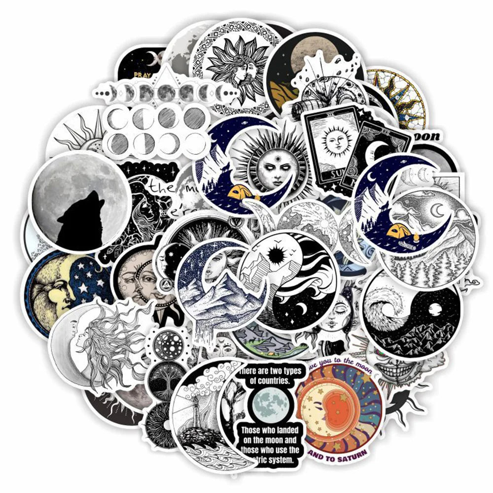 Black White Moon Planet Sun Stickers for Phone Laptop Luggage Skateboard Kid Toys