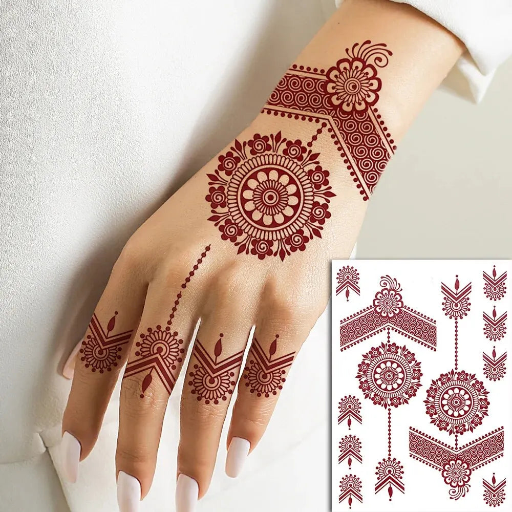Waterproof Henna Tattoo Stickers for Women Flower Instant Fake Tattoo for Hand Temporary Tattoos for Wedding Party Festival