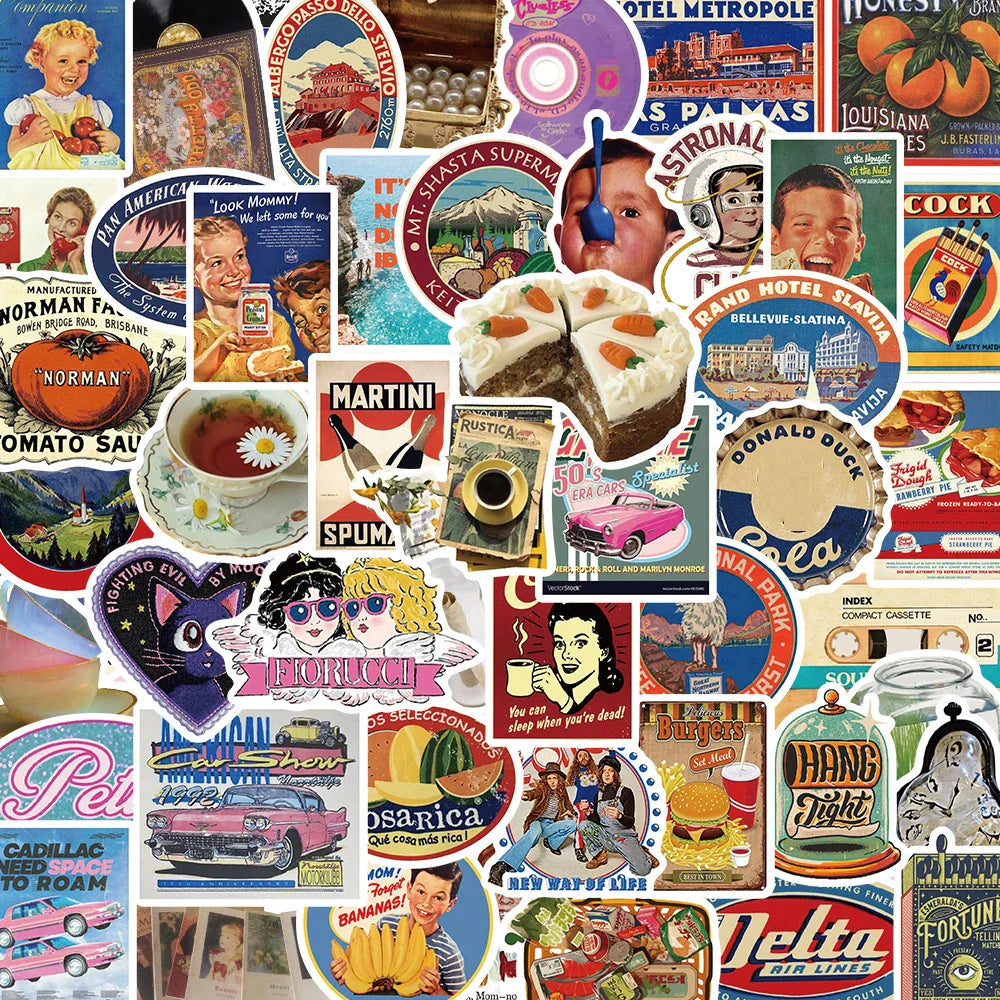 Retro Cartoon Sticker Set: Phone, Laptop, Luggage, Skateboard Decals for Kids