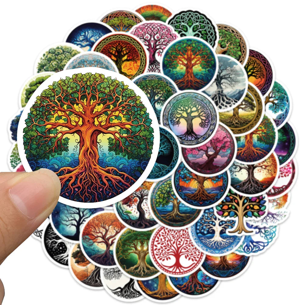 50pcs Aesthetic Cartoon Mysterious Life Trees Stickers Nature Water Bottle Decals Luggage Laptop Guitar Vinyl Car Sticker