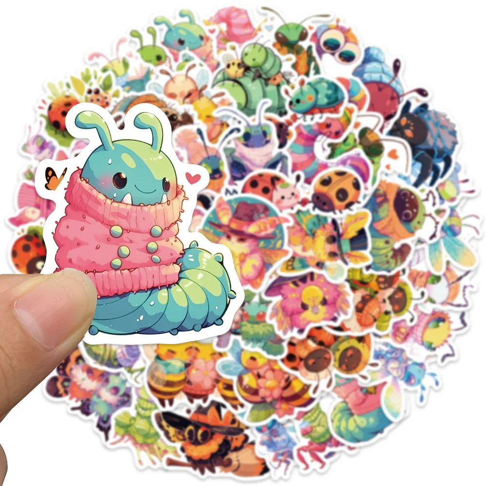 50pcs Cute Cartoon Bee Spider Ladybug Insect Stickers For Kids Luggage Laptop Water Bottle Diary Phone Vinyl Bicycle Decals