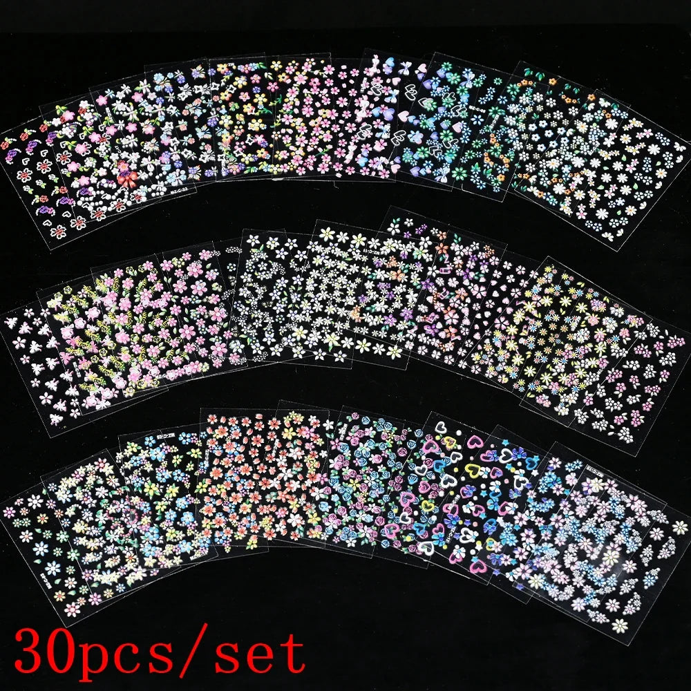 50x 3D Flower Nail Art Stickers: Black/White/Colorful
