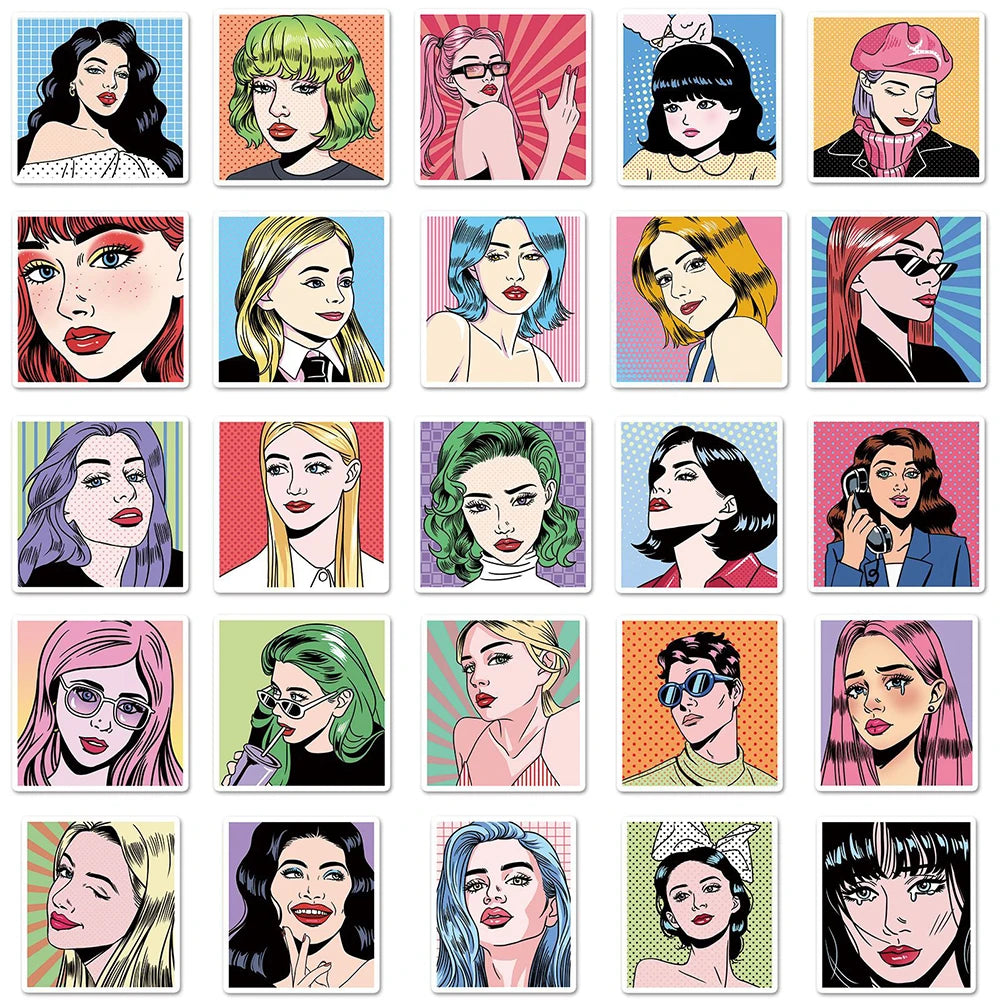 10/30/50pcs Retro Pop Style Girl Anime Stickers Decals Laptop Motorcycle Skateboard Car Phone Guitar Decoration Sticker Kids Toy