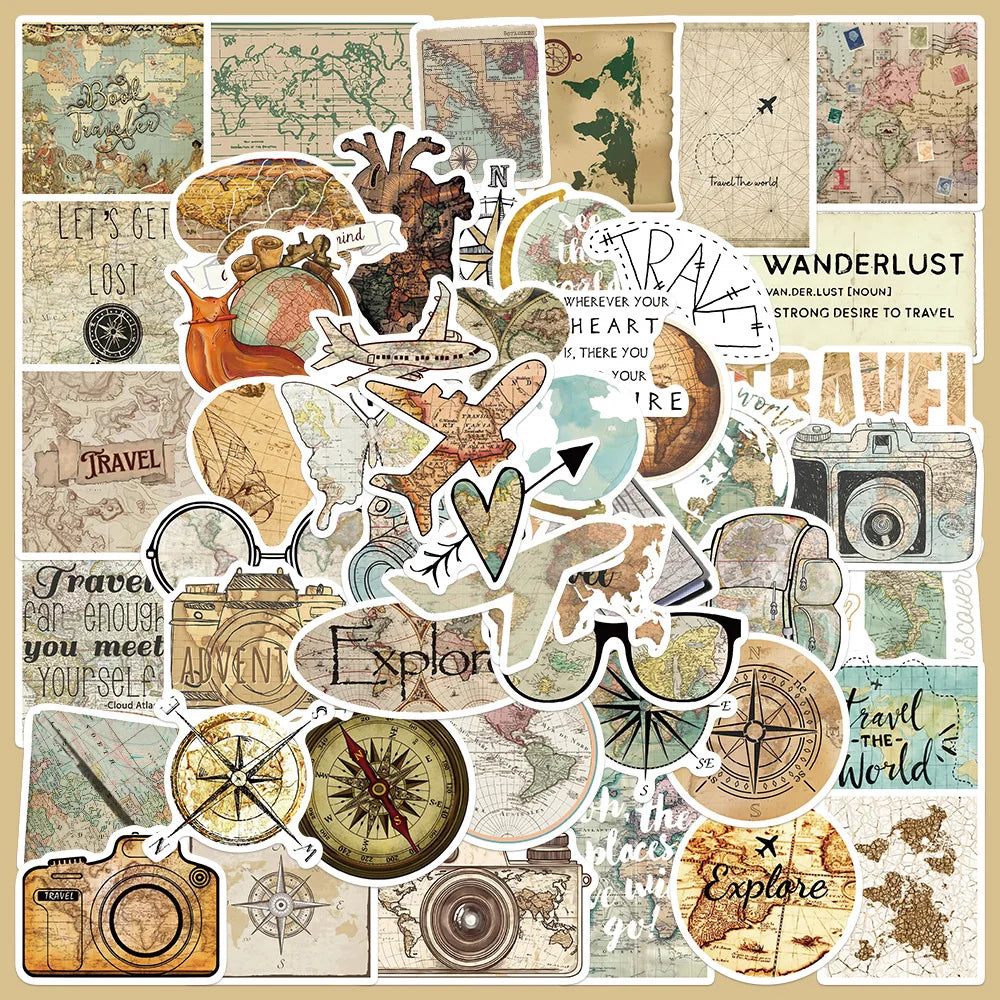 50pcs Cartoon Travel Clock Map Graffiti Stickers for Helmet Wall DIY Decoration