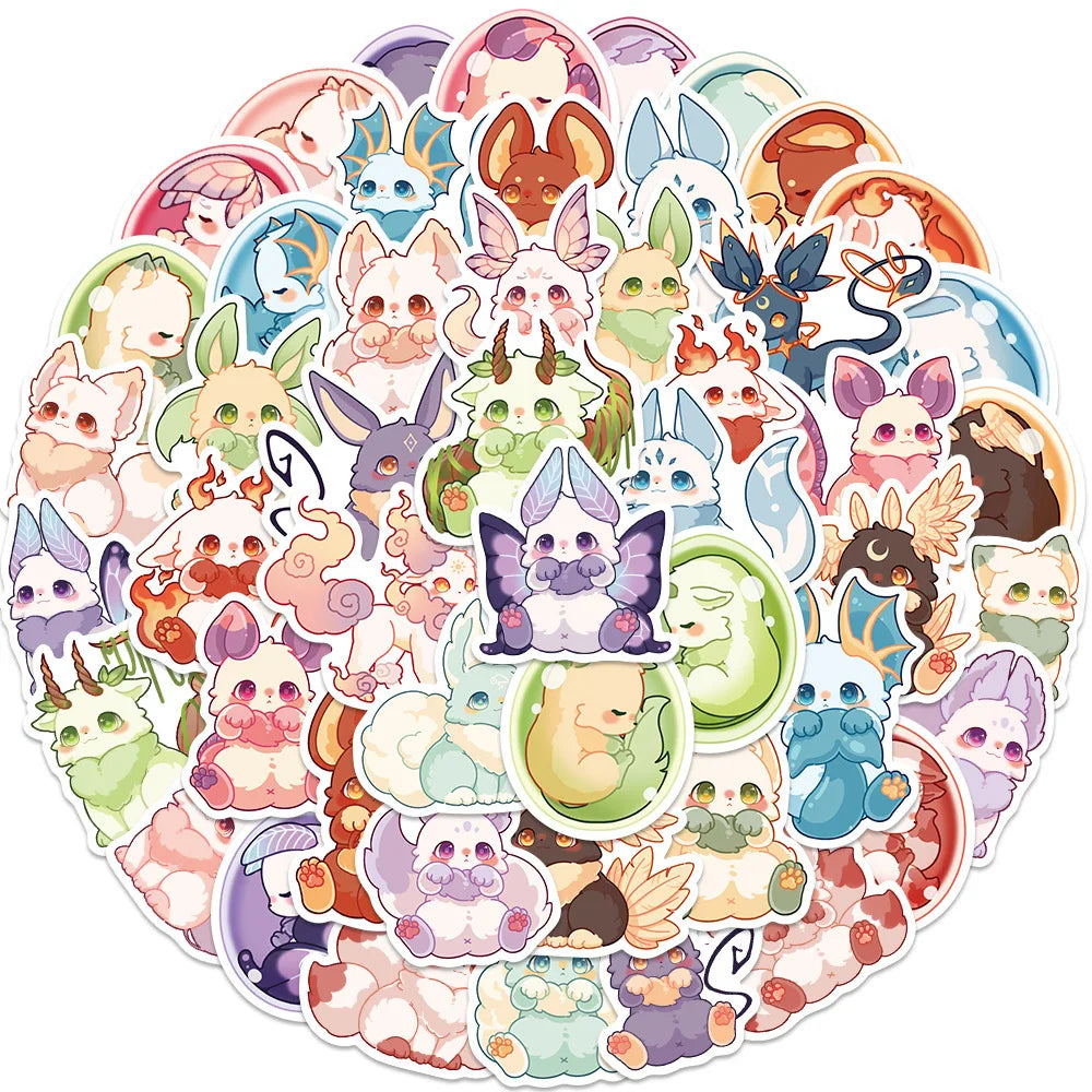 Kawaii Fantasy Creature Stickers Pack - Cute Cartoon Decals for Kids, DIY, Fridge, Helmet, Phone, Laptop