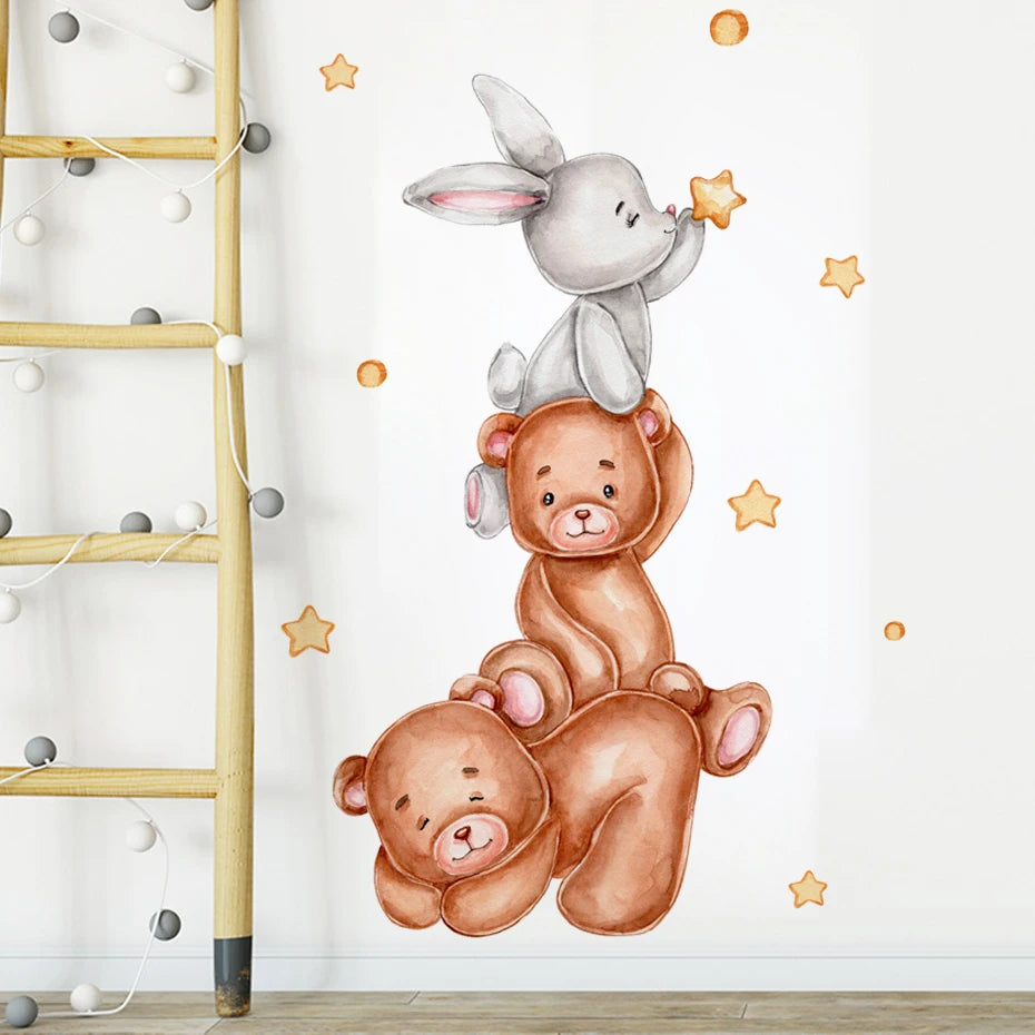 Cartoon Rabbit Bear Wall Stickers for Kids Room Decor