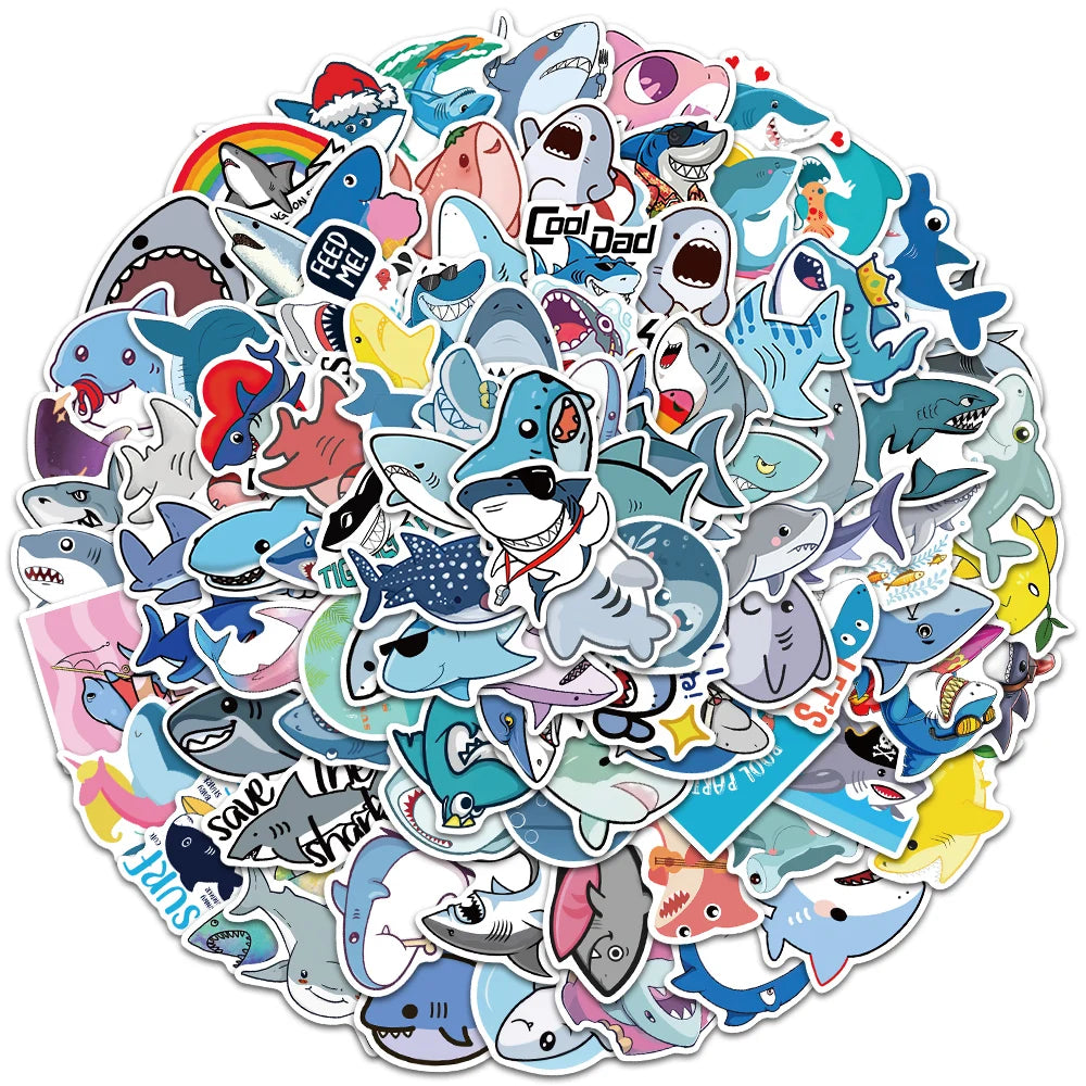 50/100pcs Cute Cartoon Animals Sharks Stickers For Laptop Water Bottle Fridge Waterproof Graffiti Skateboard Car Decals