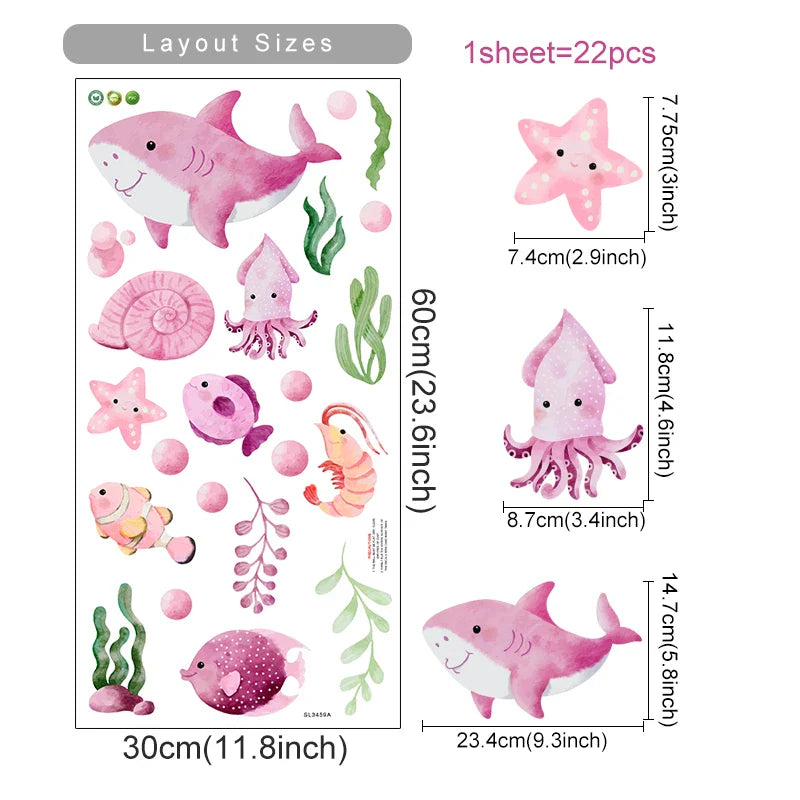 Cute Shark Turtle Seaweed Wall Stickers for Bedroom Nursery Decor